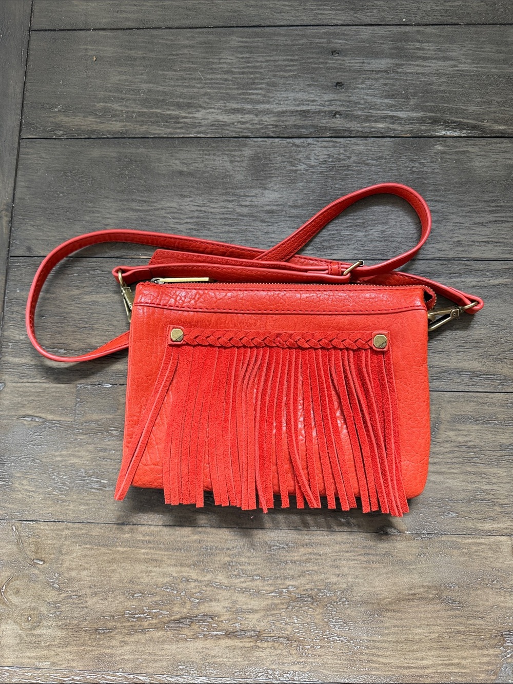 Ella Moss Red/Blood Orange Soft Leather Fringe Crossbody with Braided Accent